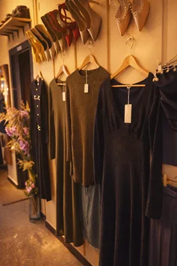 Robes et pulls suspendus sous une rangée d'escarpins